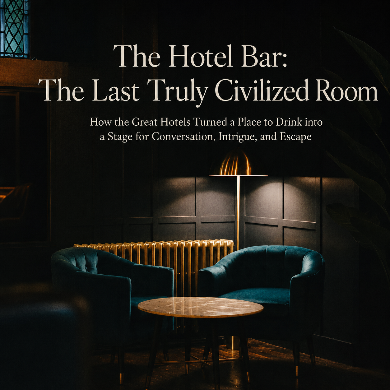 Moody, dimly lit hotel bar with two deep teal armchairs, a marble table, and a brass floor lamp beneath the title “The Hotel Bar: The Last Truly Civilized Room.”