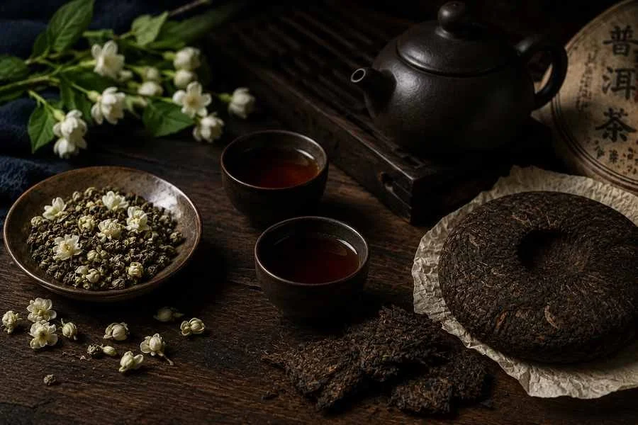 Jasmine blossoms and jasmine tea pearls sit beside a dark ceramic teapot, cups of amber tea, and a compressed pu-erh tea cake on a richly textured wooden table.