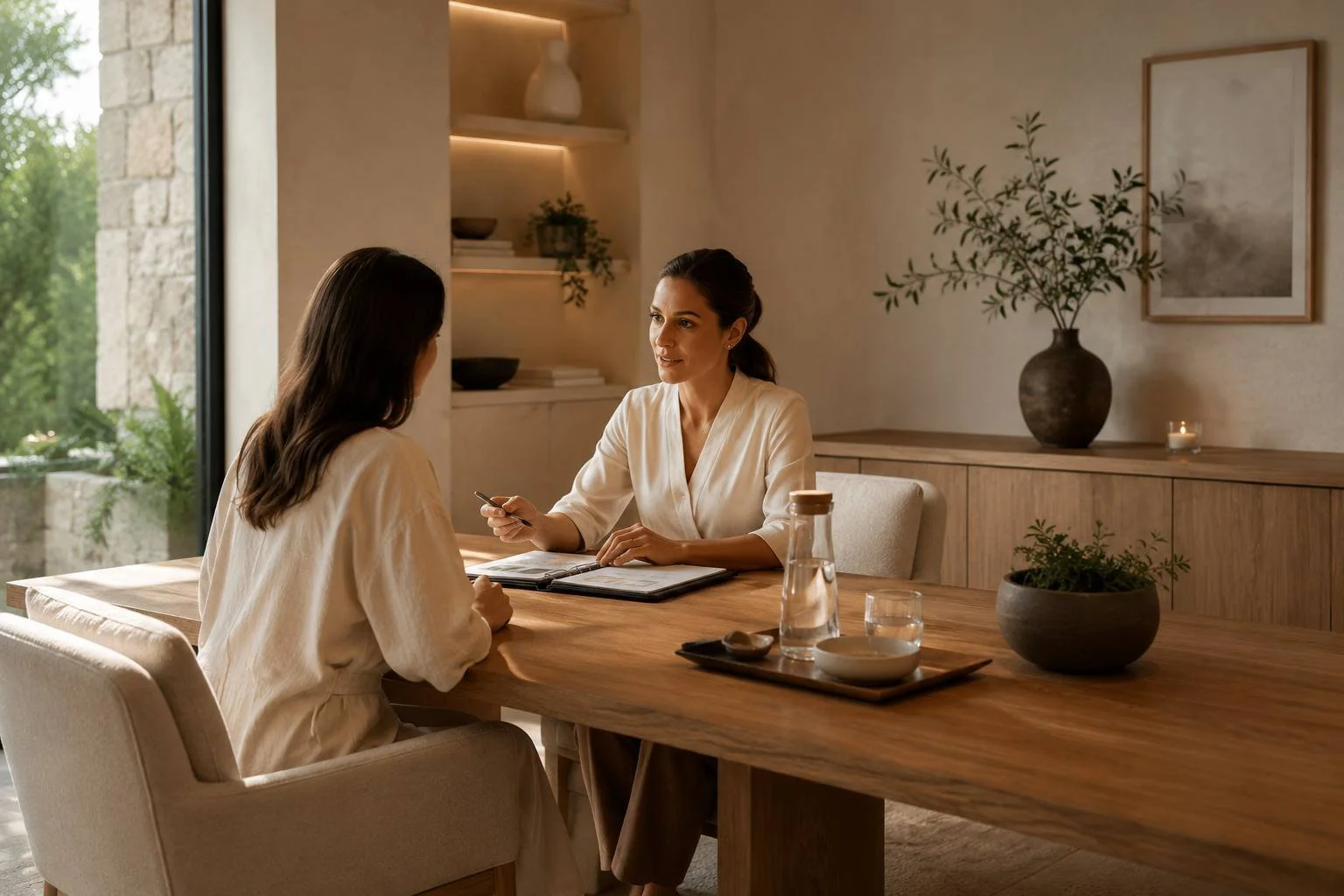 Guest meeting privately with a wellness practitioner at a luxury retreat.