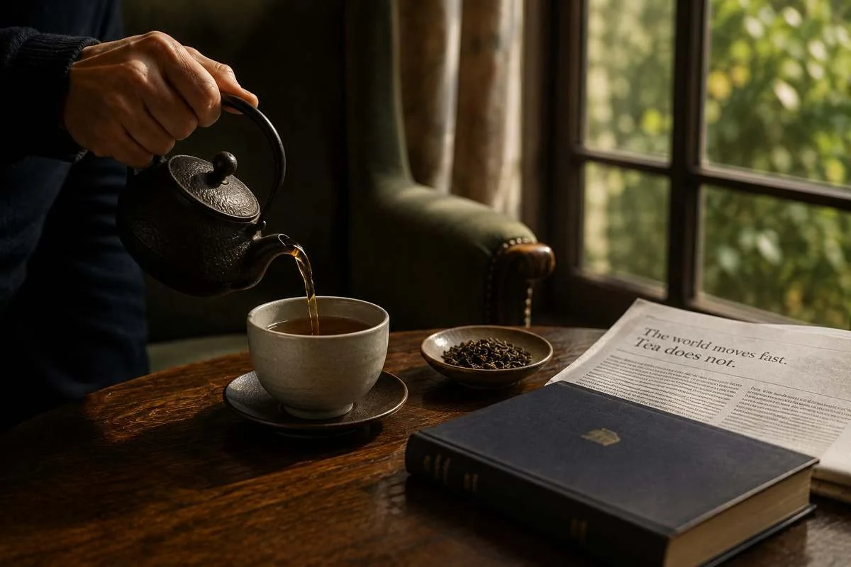 A man pours loose-leaf tea from a dark teapot into a ceramic cup beside a book and newspaper in warm late-afternoon light.