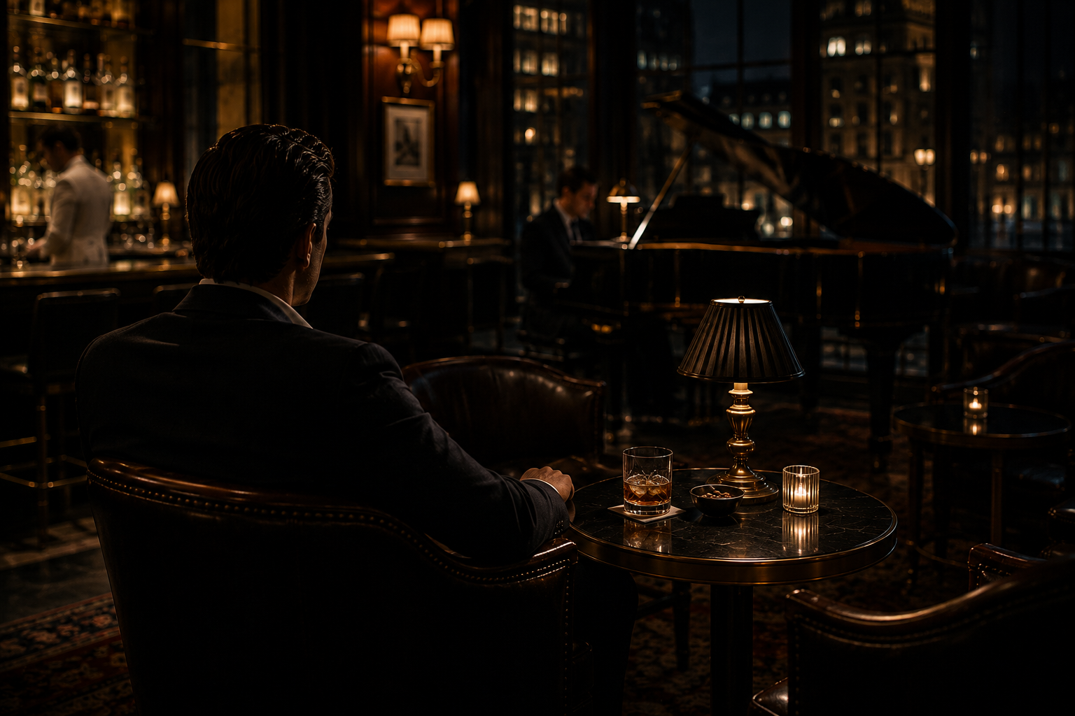 Well-dressed man seated alone with a whiskey at a softly lit hotel bar as a pianist performs near a grand piano in the background.