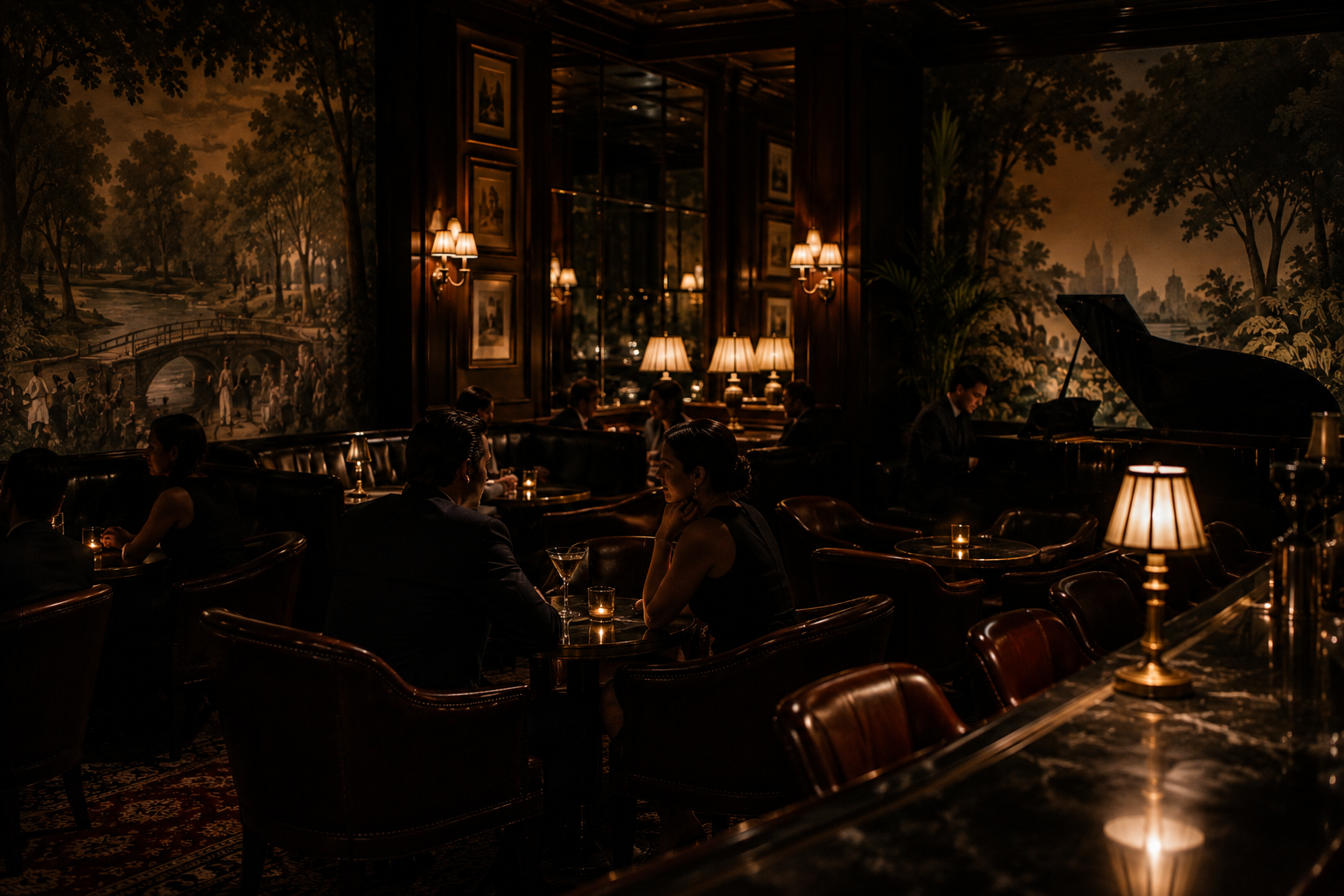 Elegant hotel bar with leather seating, mural-covered walls, softly glowing table lamps, several guests in quiet conversation, and a pianist playing a grand piano.