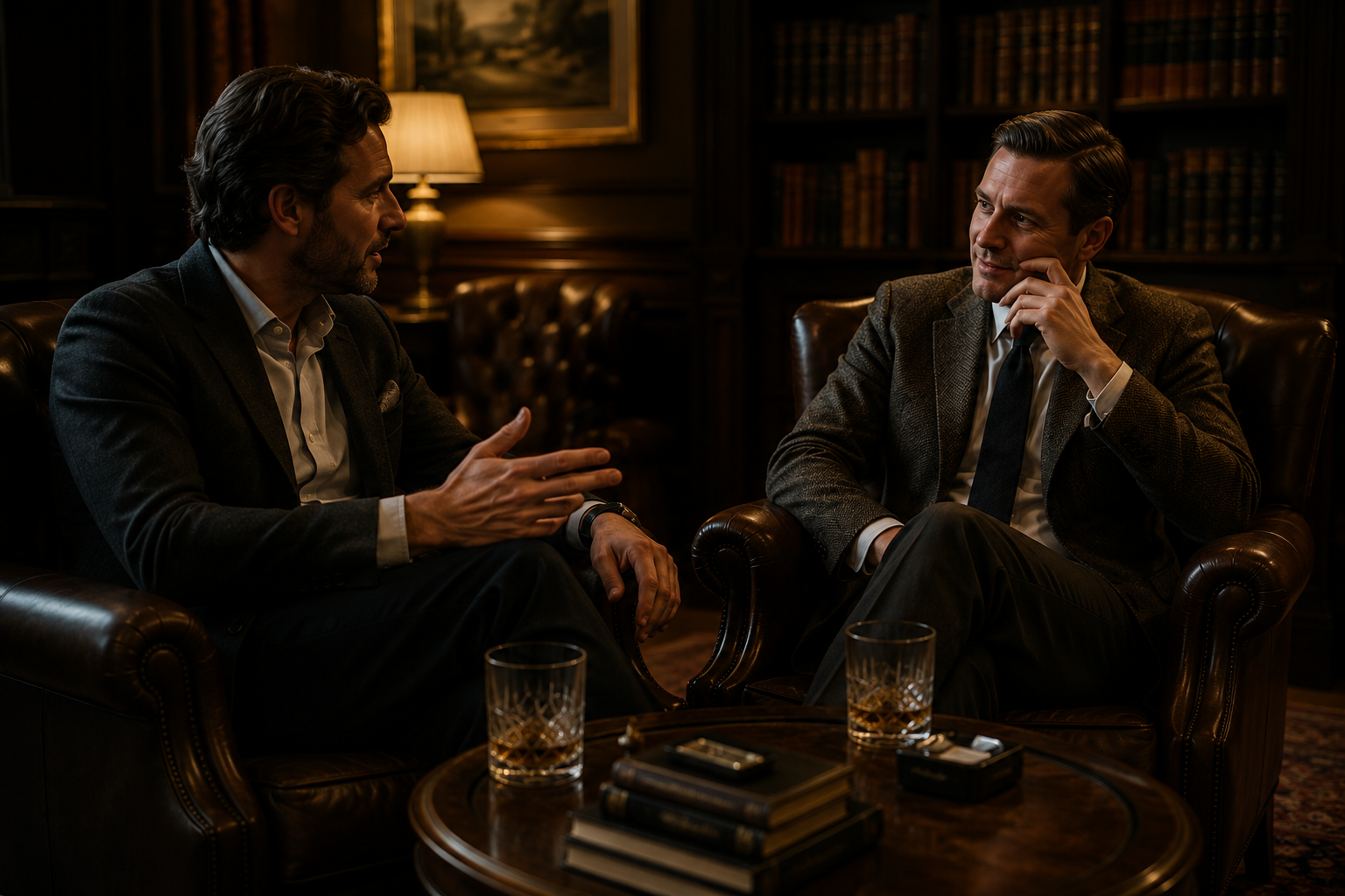 Two well-dressed men seated in a quiet private lounge, engaged in conversation without phones or other distractions.
