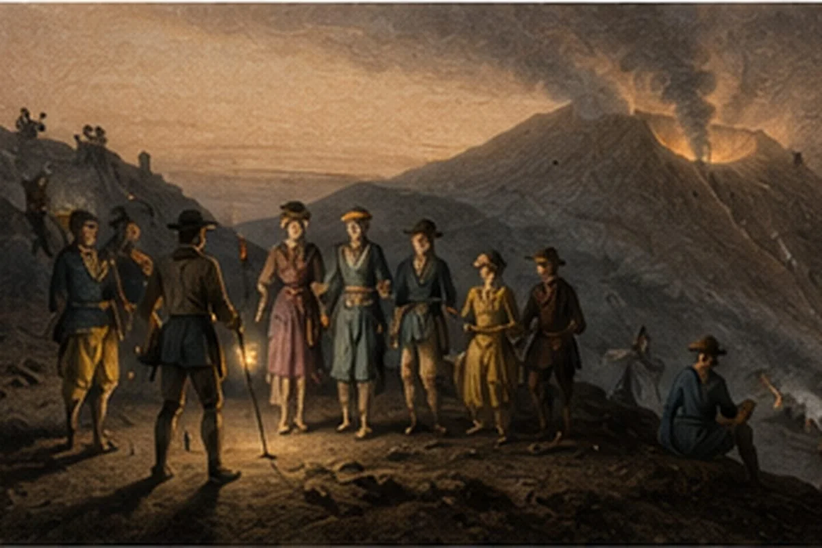 Eighteenth-century-style depiction of Grand Tour travelers ascending Mount Vesuvius as smoke rises from the crater.