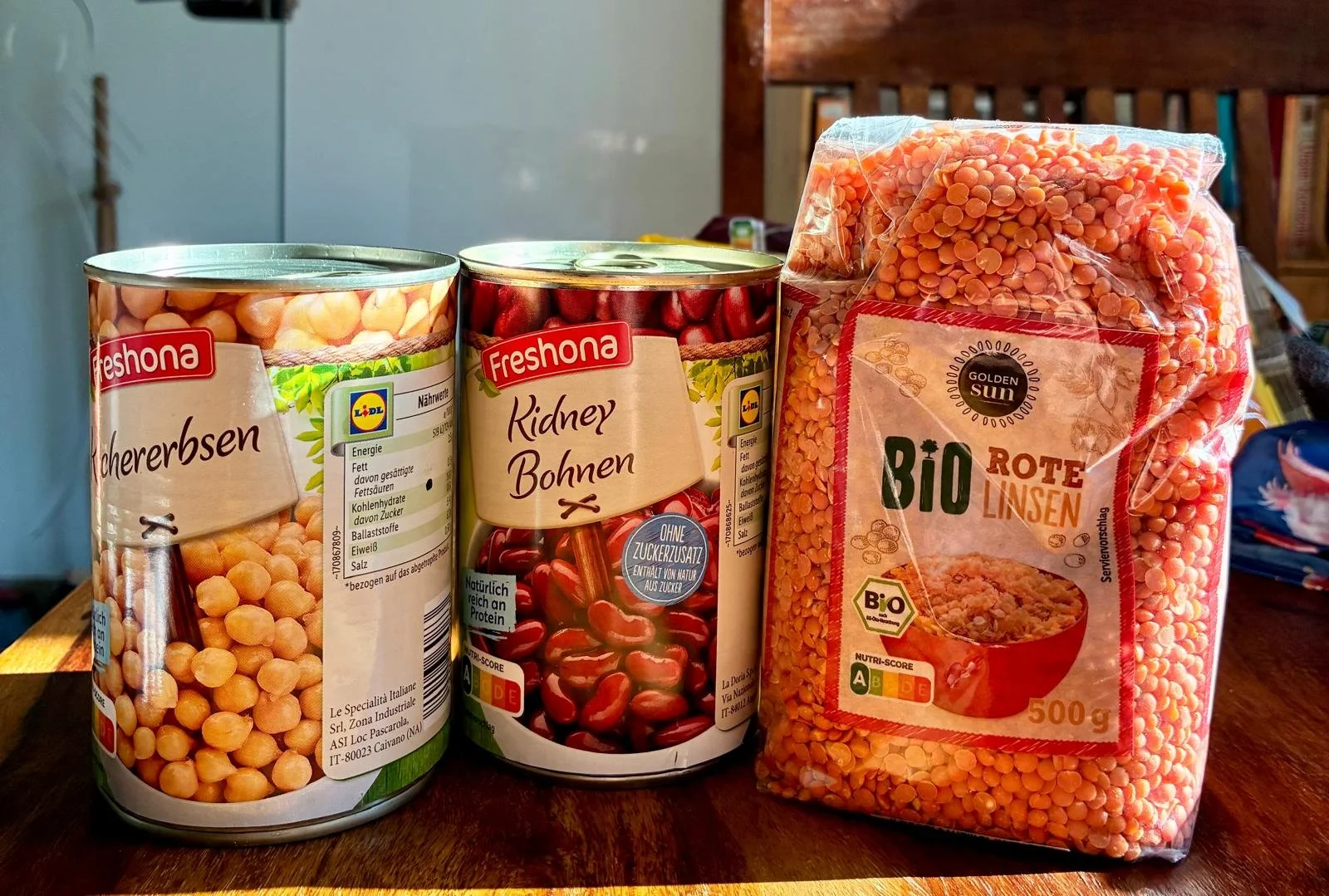 Lidl Freshona canned chickpeas, kidney beans, and Golden Sun organic red lentils
