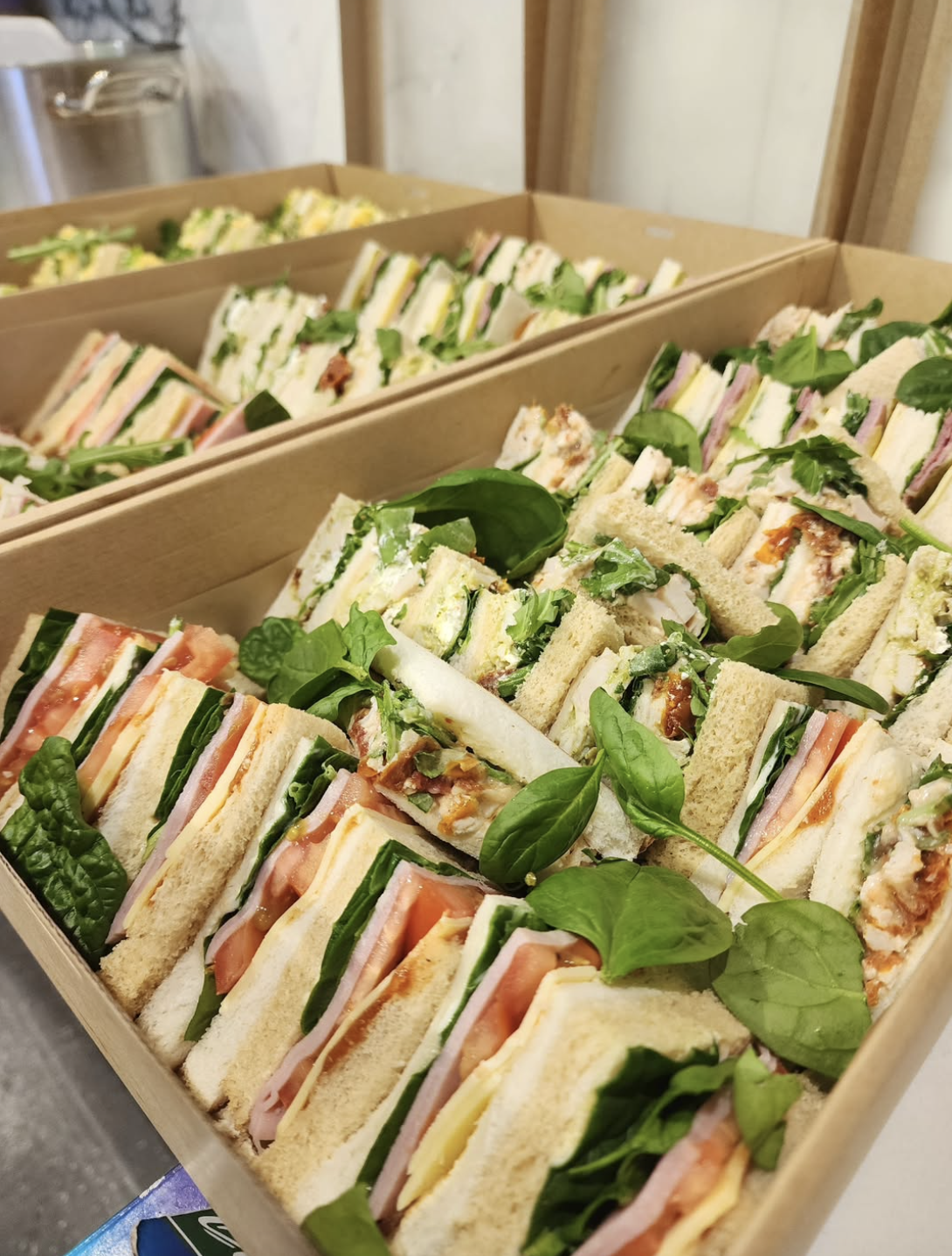 A tray of assorted small sandwiches with various meats, cheeses, and greens, garnished with fresh basil and leafy greens.