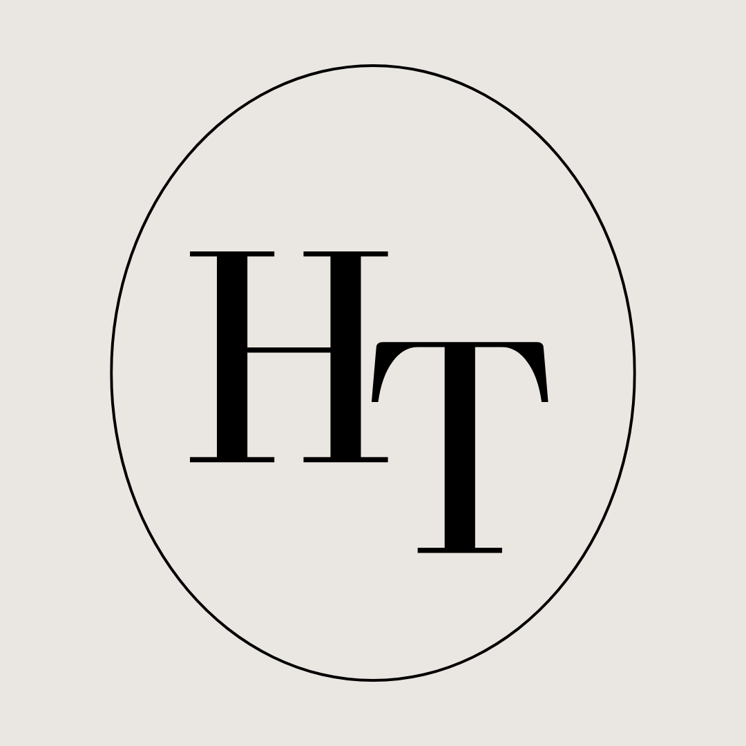 Minimalist logo with the letters 'H' and 'T' inside an oval shape on a light background.