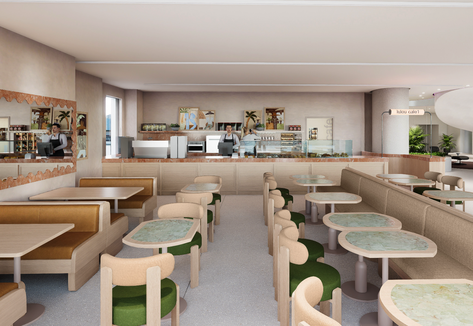 Interior of a modern cafe with seating area and cafe counter in the background. The furniture includes beige and green chairs and tables, with some booths, and the cafe counter has staff preparing orders. There are decorative paintings on the wall and potted plants near the seating area.