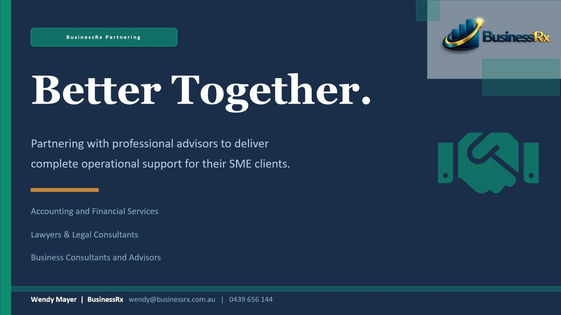 BusinessRx partners with Accounting and Financial Services firms, Lawyers and Legal Consulting firms, Business Consultants and Advisor firms who specialise in SME clients.