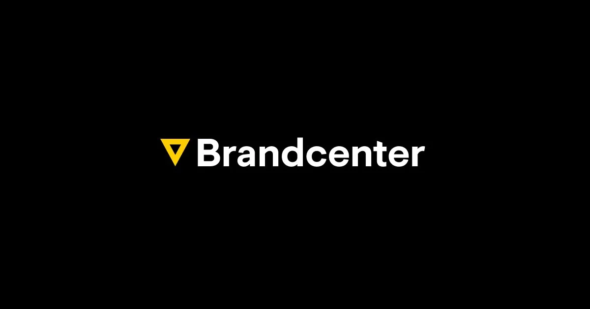 Brandcenter logo with yellow triangle icon and white text on black background
