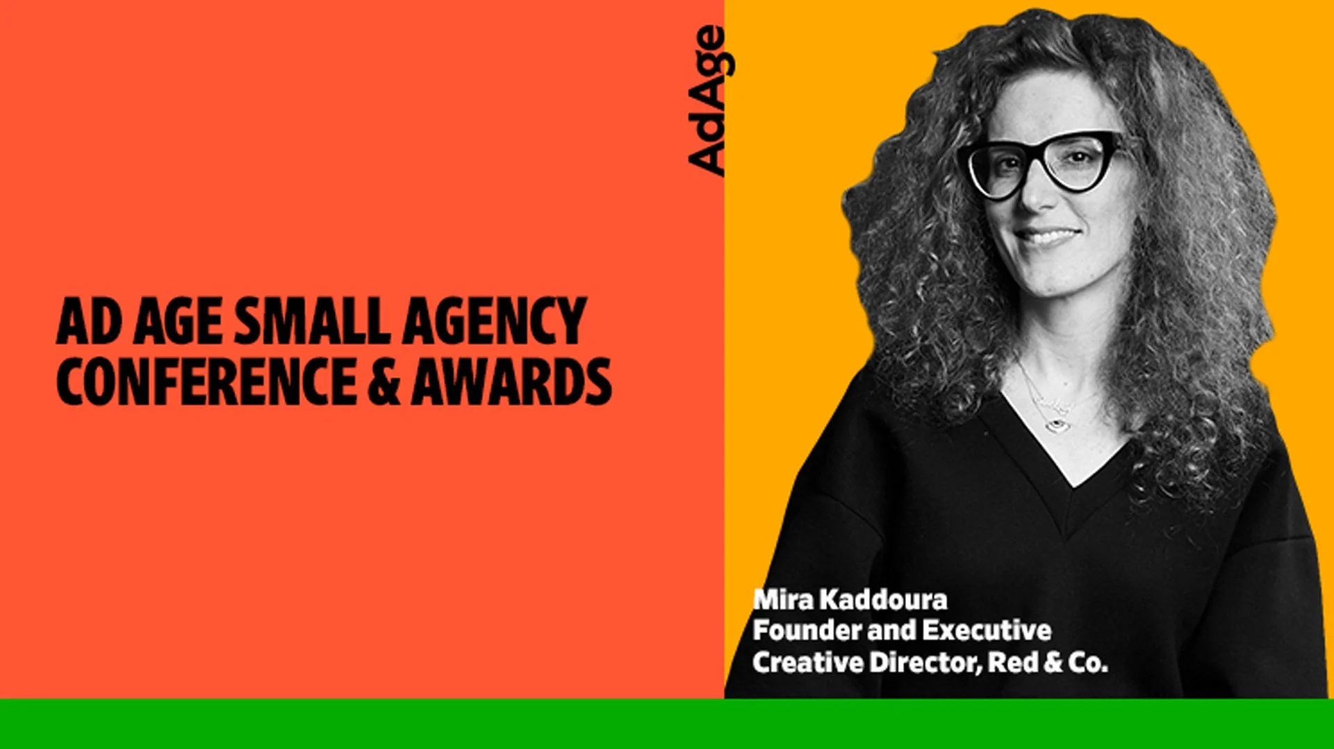 Promotional image for the Ad Age Small Agency Conference & Awards featuring a woman with curly hair and glasses, named Mira Kaddoura, who is the founder and executive creative director of Red & Co.
