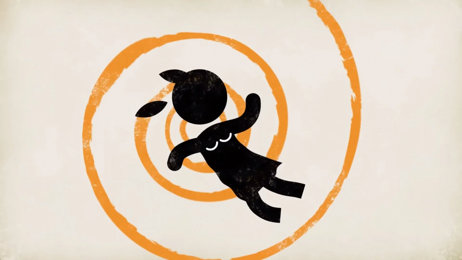 Stylized illustration of a black dog with a curved tail, nose, and ears, inside an orange spiral pattern.