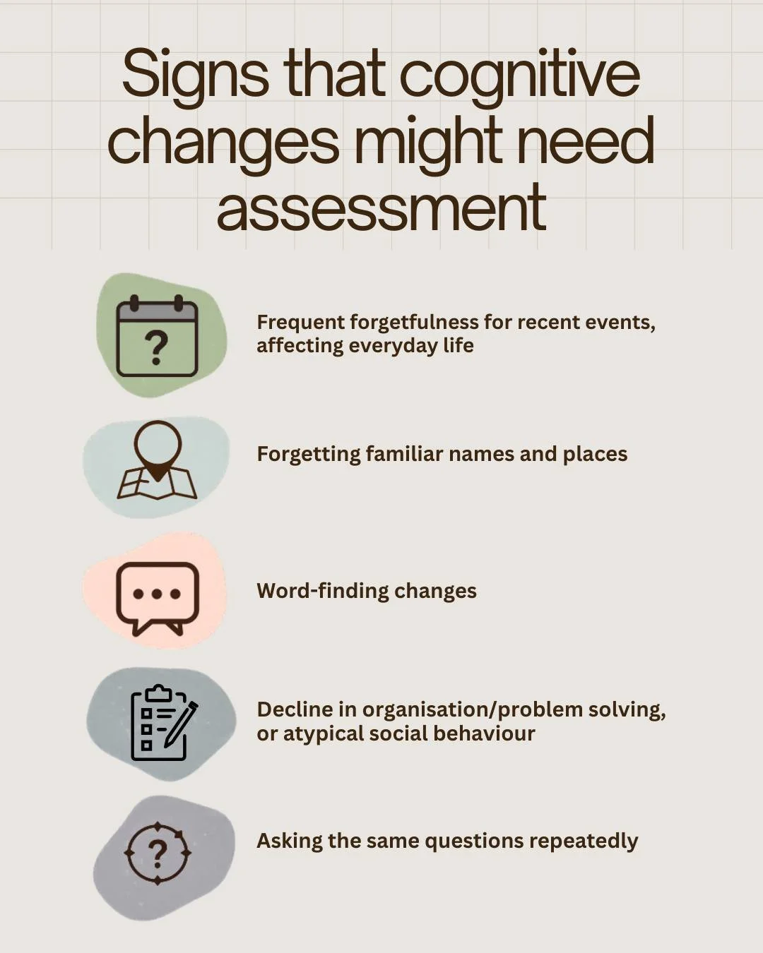 Forgetting where you left your keys is a normal part of life. But when cognitive changes begin to interfere with everyday functioning, it may be worth exploring further.

Some signs that cognitive changes may not be &ldquo;just ageing&rdquo; can incl