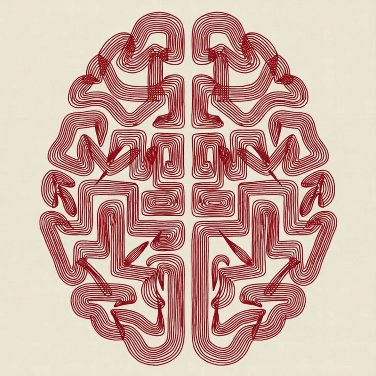 A line drawing of a human brain created with multiple loops and arrows, forming a symmetrical pattern in red on a light background.