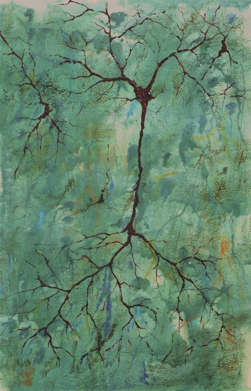 A painting of a neuron with branching dendrites and an axon, set against a textured green background with subtle splashes of blue, yellow, and orange.