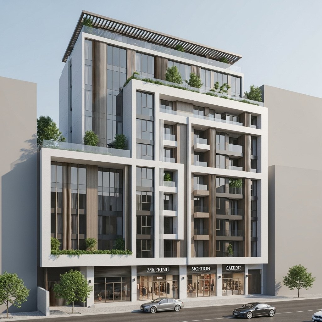 Modern multi-story building with retail shops on the ground floor, featuring glass storefronts and signage for stores named 'M. Tering,' 'Morrison,' and 'Caldler.' The building has balconies, greenery, and architectural elements with vertical wooden slats. There are cars parked in front and trees along the sidewalk.