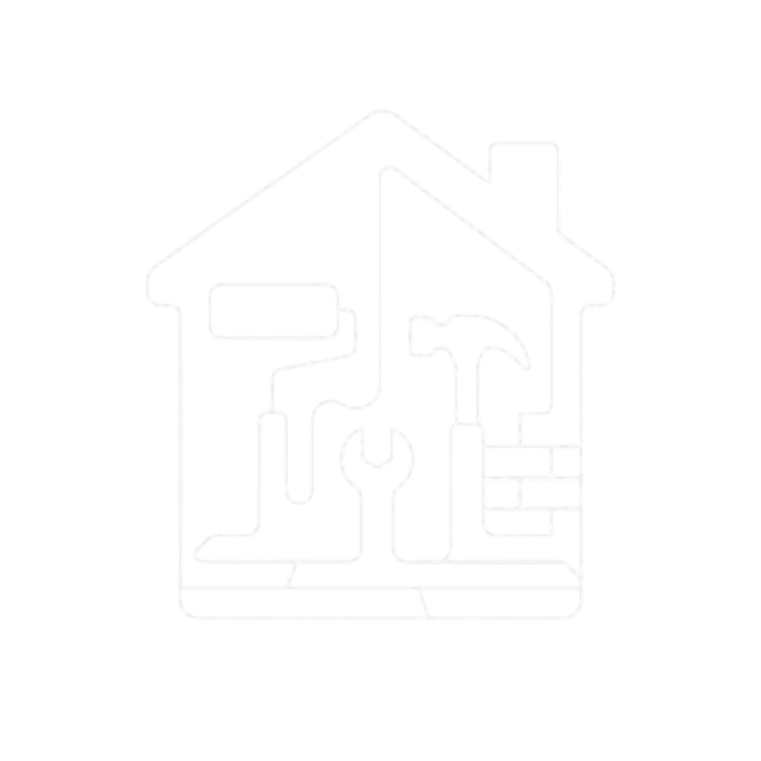 A neon-style illustration of a house with a gabled roof, a chimney, and a front door, outlined in white with pink, purple, and blue highlights.