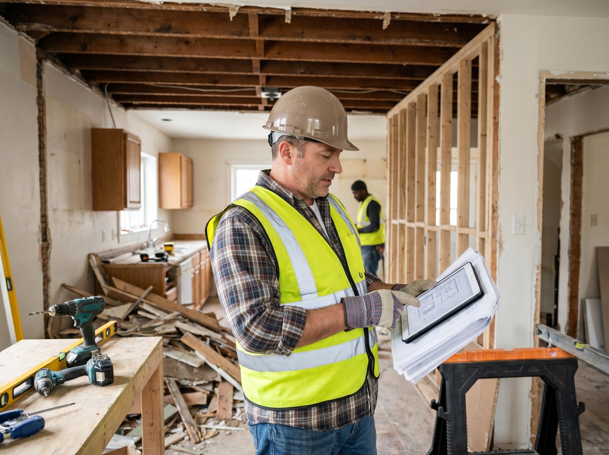 Construction workers inspecting blueprints inside a home renovation site with exposed wooden studs and tools on workbench.