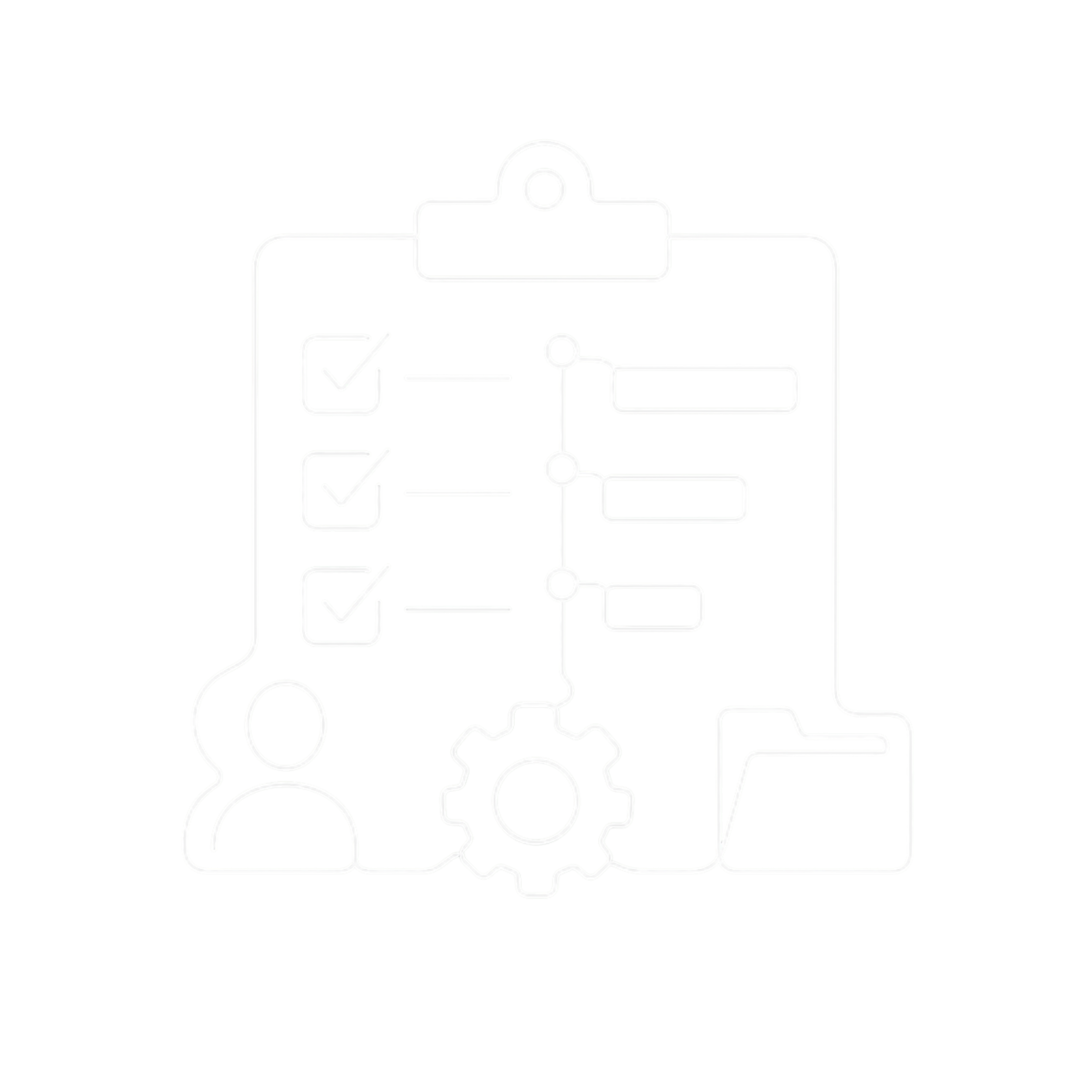Neon line drawing of a clipboard with checkmarks, interconnected with small circles, on a black background.