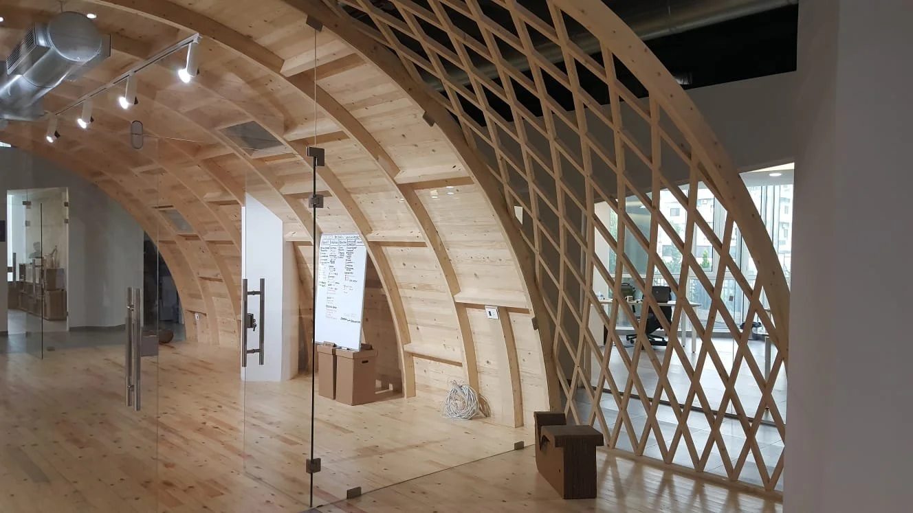 Interior of a modern office with wooden curved walls and lattice design, glass doors, and large windows letting in natural light.