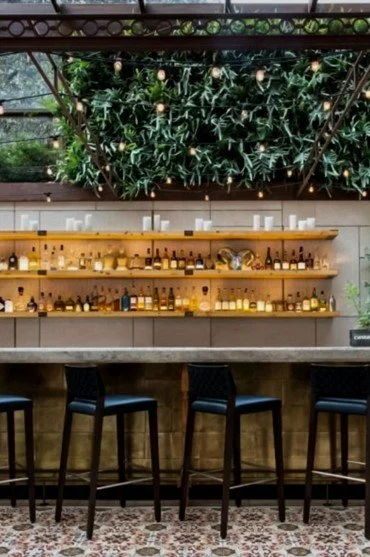 Bar area with three black bar stools, illuminated wooden shelves with bottles and glasses, and greenery overhead.
