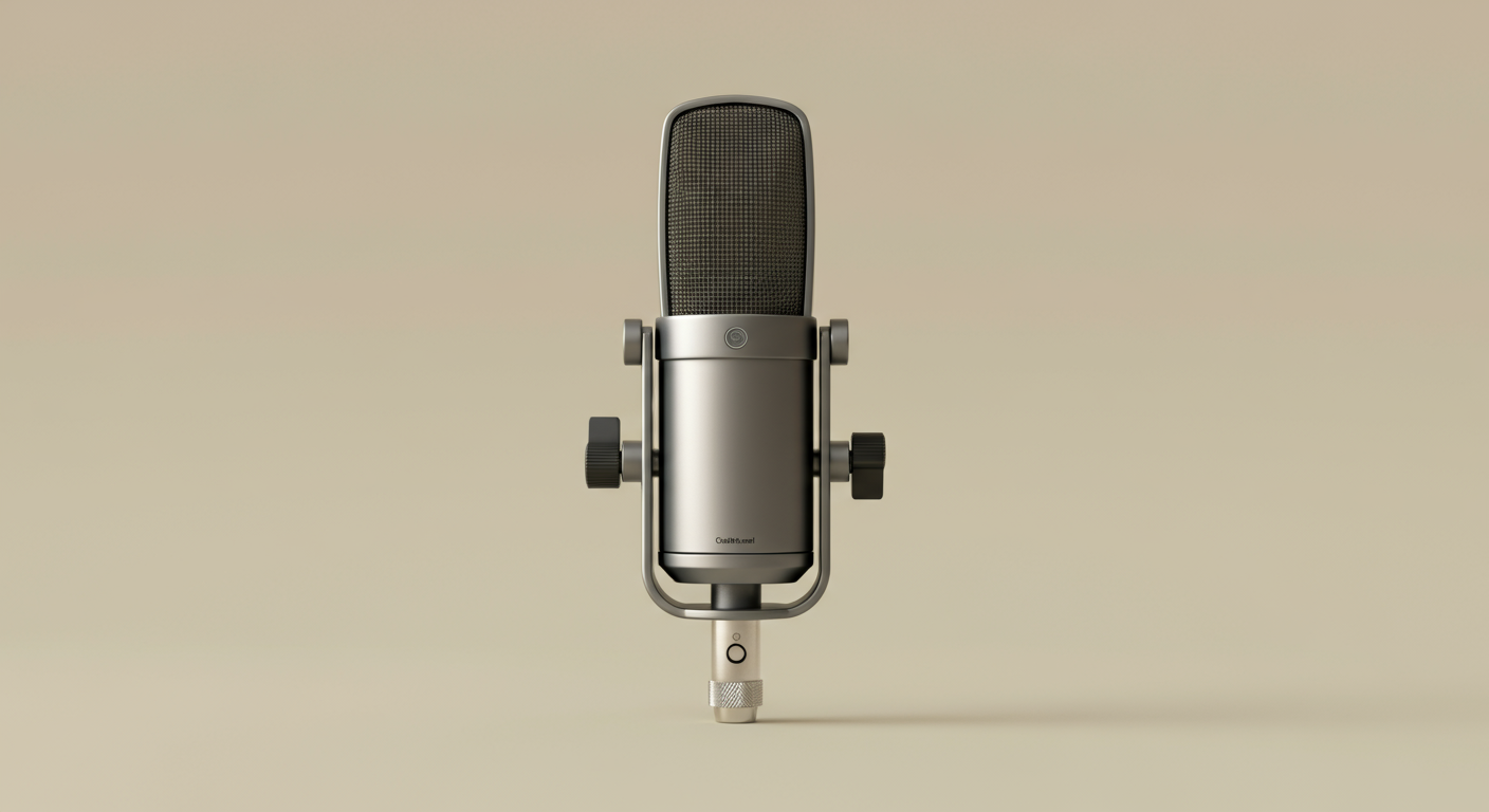 A sleek, professional studio condenser microphone with a metallic finish and adjustable knobs, set against a plain, neutral background.