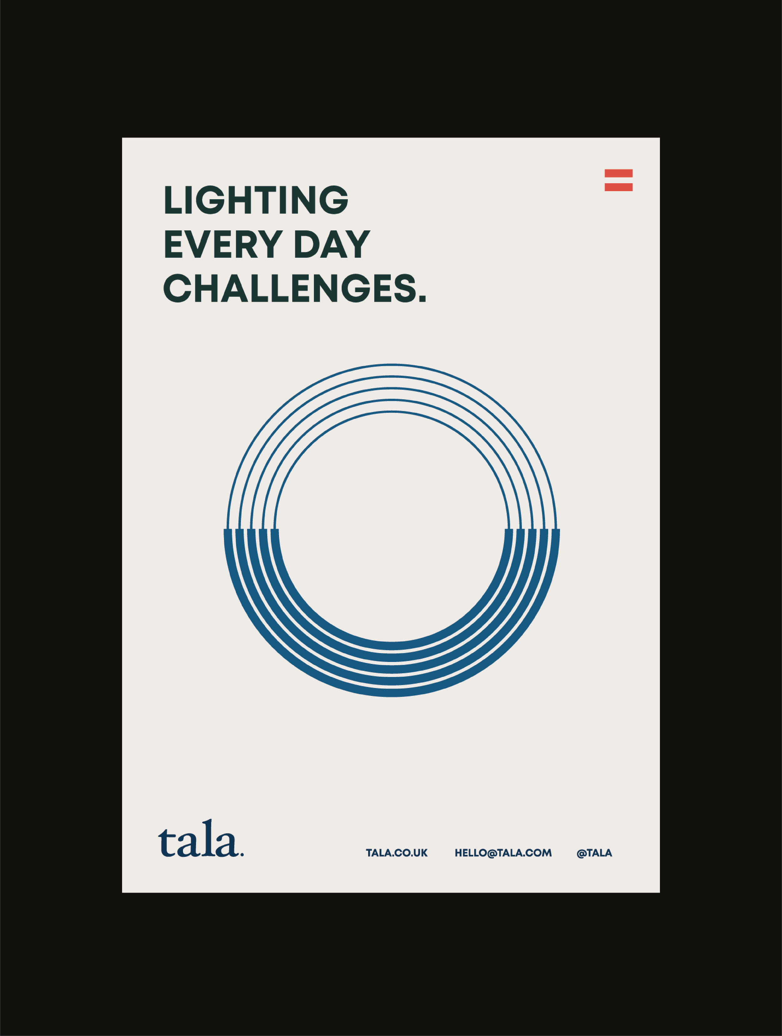 Tala branded poster with a line circle graphic and clean typography against a black backdrop.