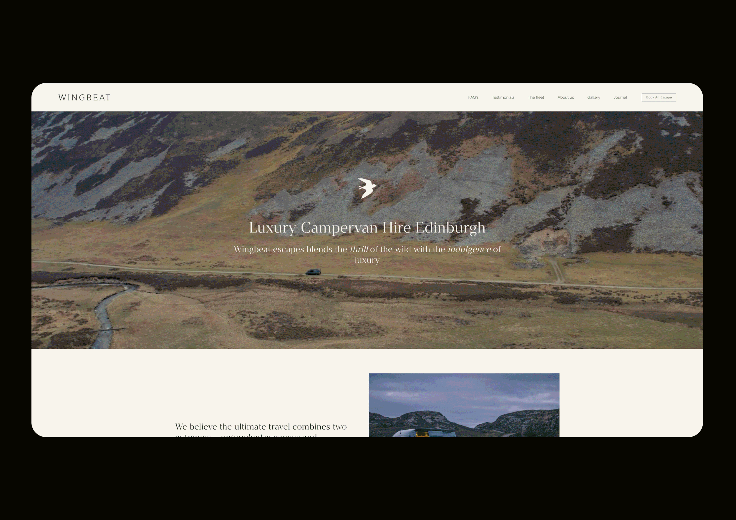 Website UI animation cycling through pages, showcasing an earthy colour palette and luxury travel layout.