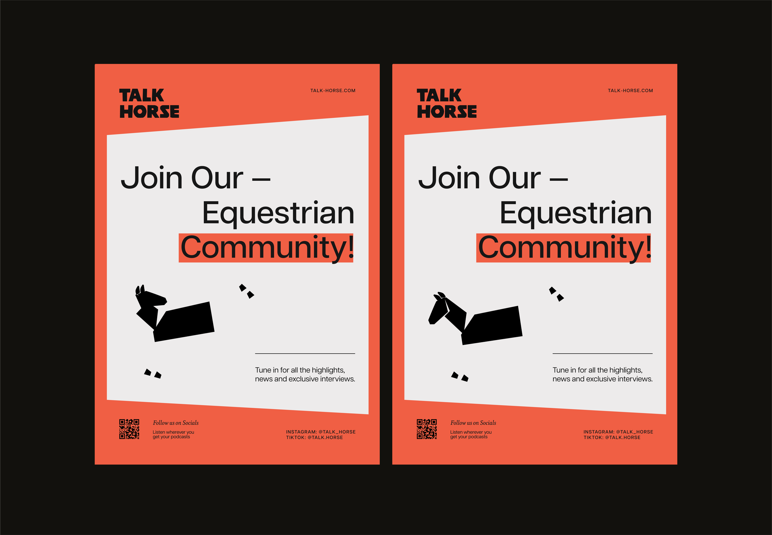 Two Talk Horse posters displaying custom horse illustrations, a bright orange and white palette, and clean typography.