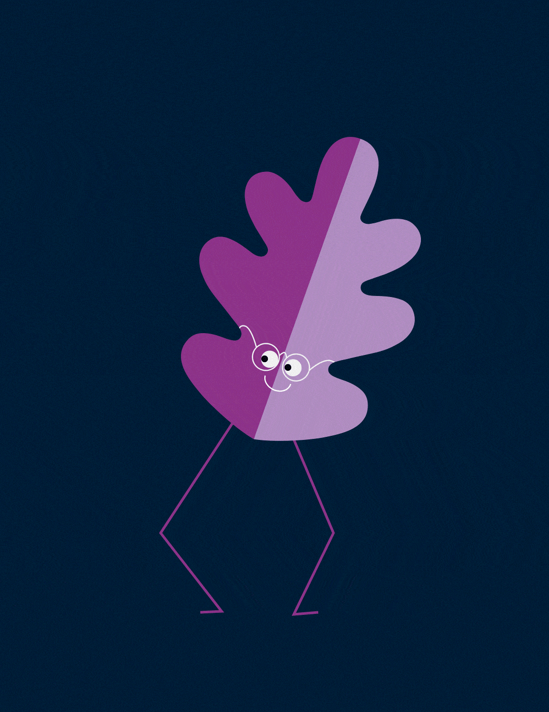 Animated duotone purple Hockerhill oak leaf character wearing glasses and performing a playful curtsey.