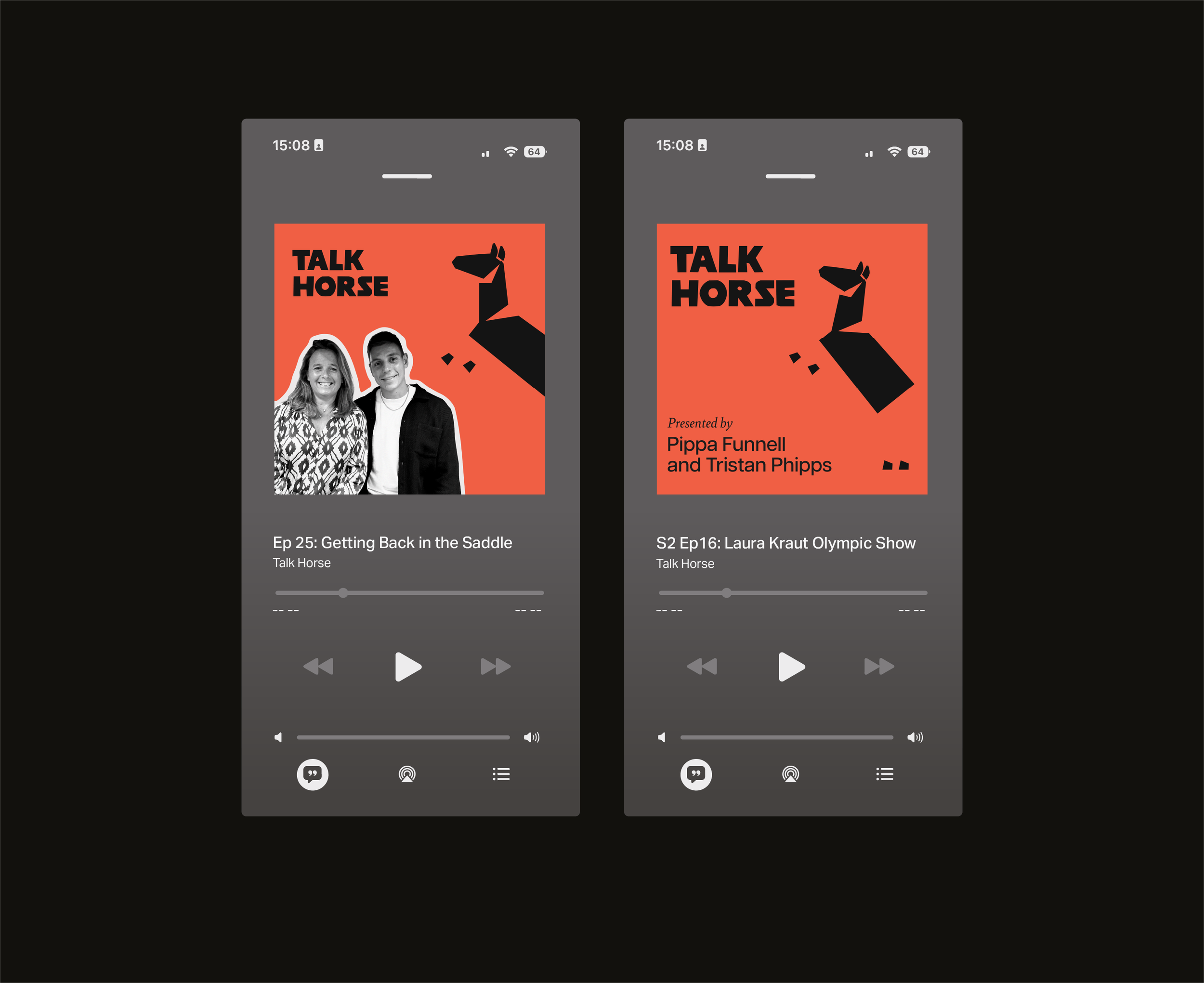 Mobile podcast cover designs for Talk Horse, showcasing vibrant brand colours and bold logos.