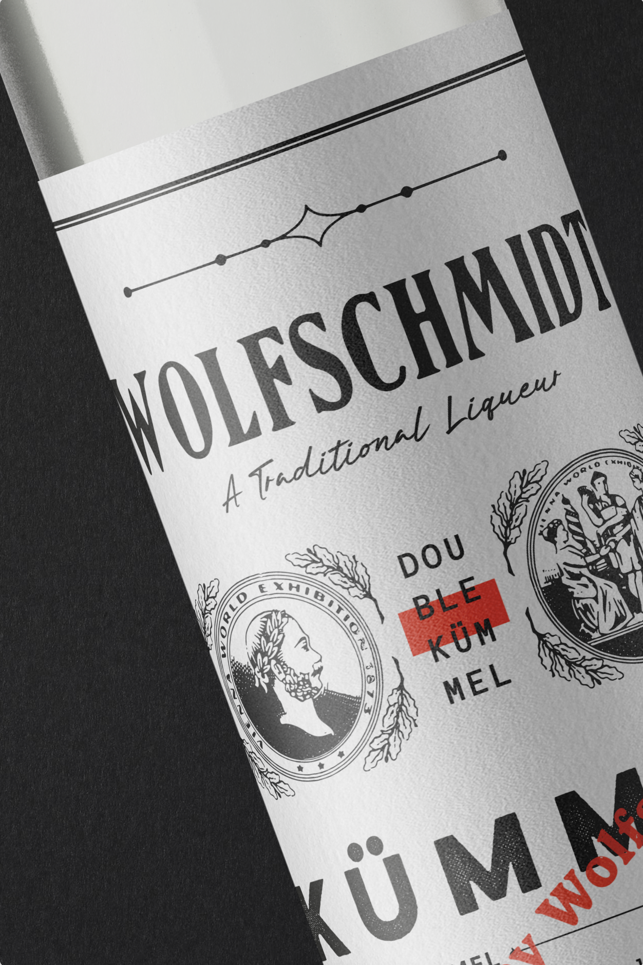 Detailed macro view of the bespoke illustrated artwork and refined heritage typography on the liqueur label.