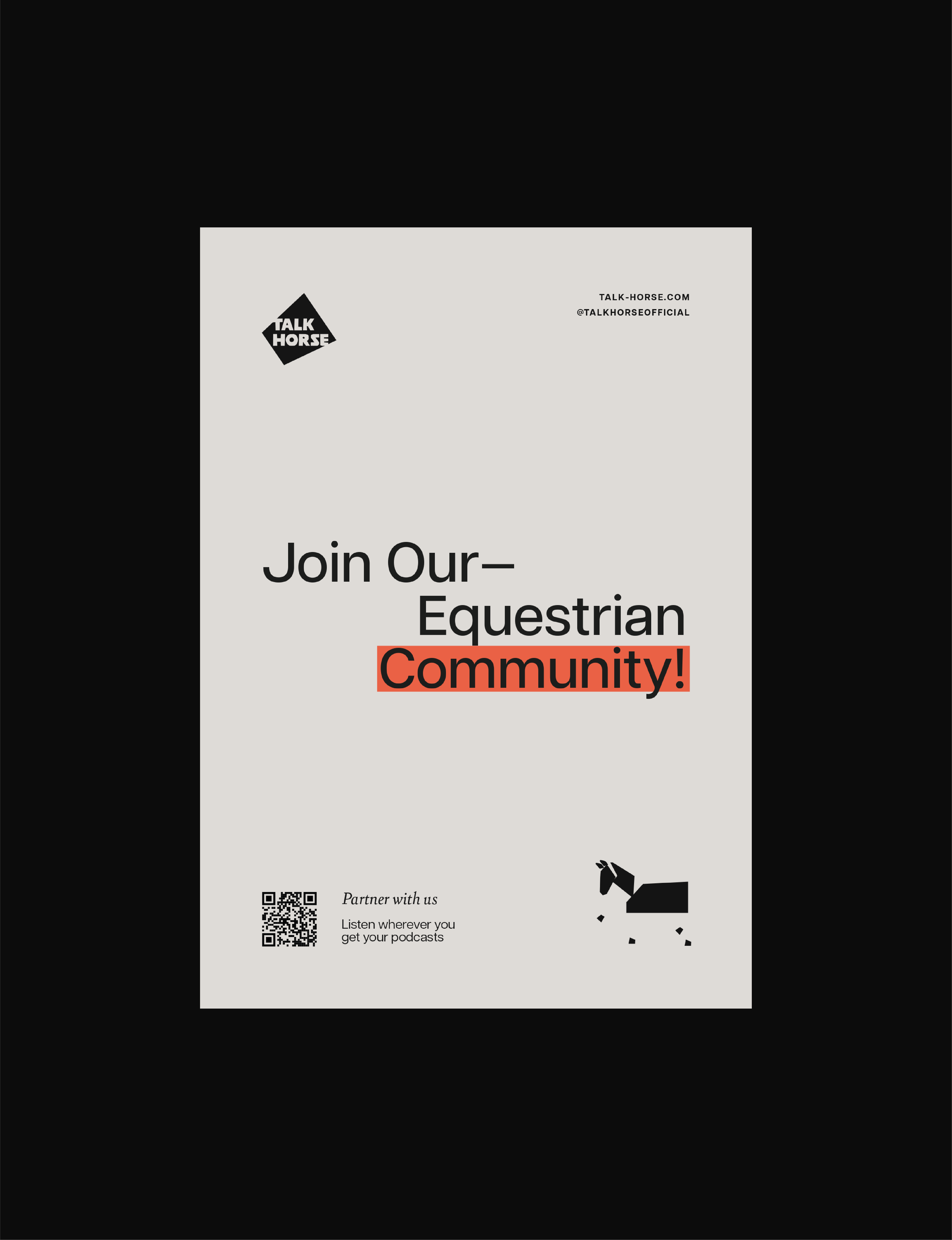 Talk Horse poster featuring the bold logo, custom horse cut-out artwork, and clean typography.