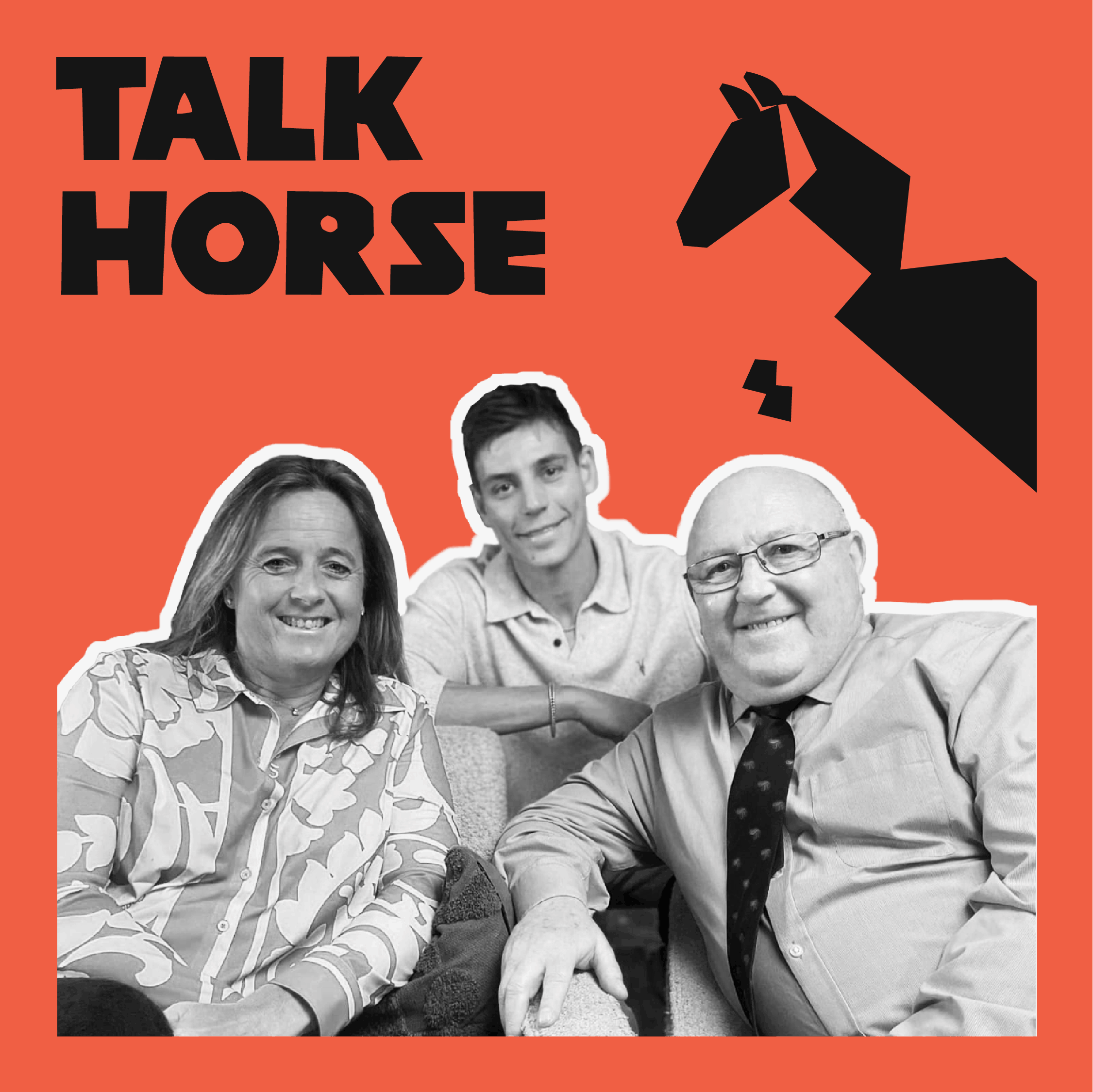 Animation cycling through Talk Horse podcast covers, featuring custom artwork, characterful logo and host portraits.