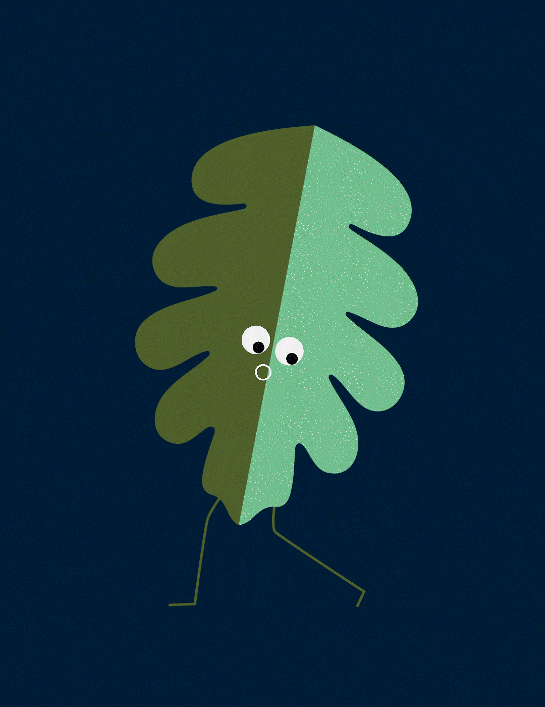 Animated duotone green Hockerhill oak leaf character jumping and looking around on a dark blue background.