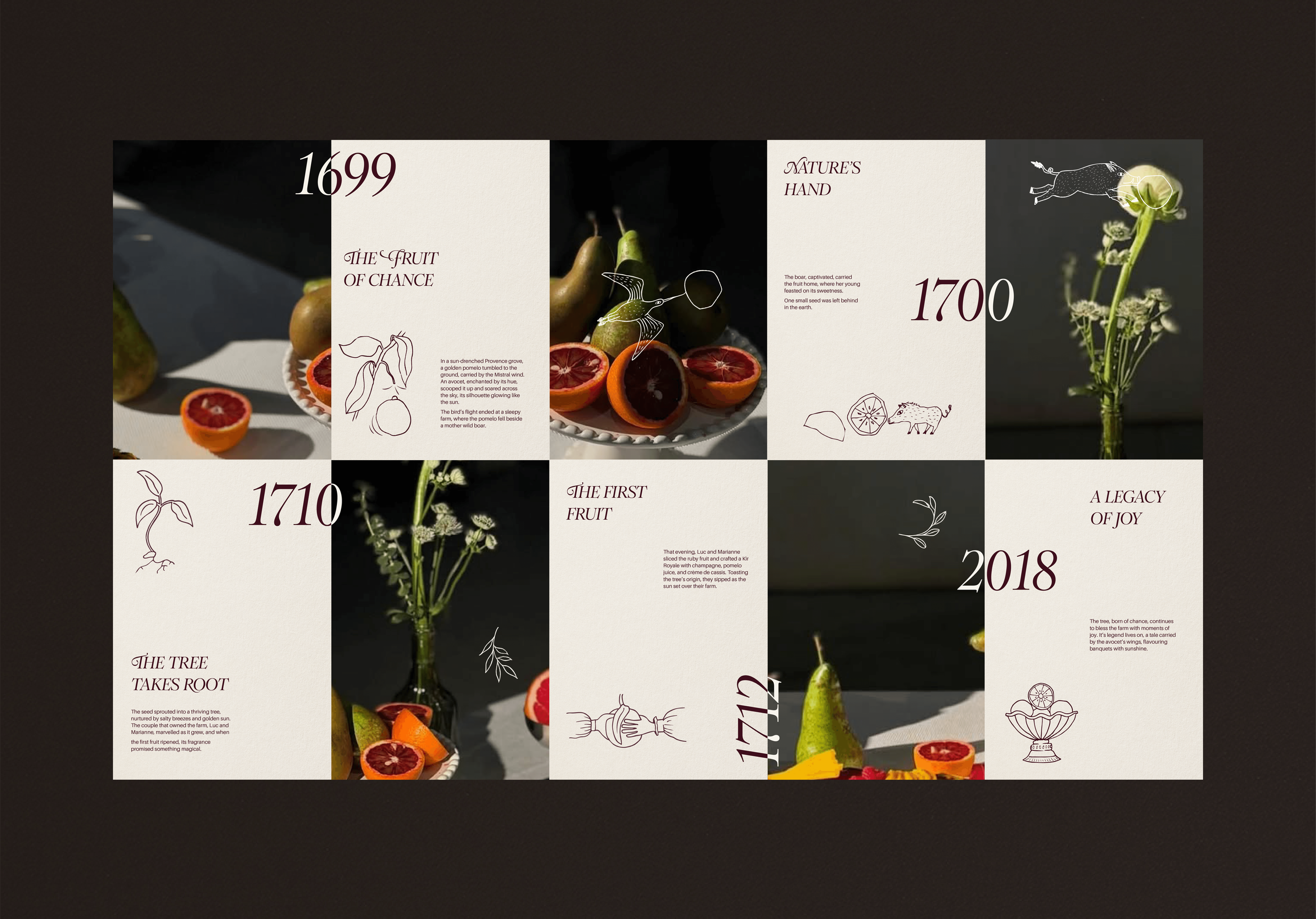 A collection of Pomelo posters showcasing elegant typography, bespoke illustrations, and fine food photography.