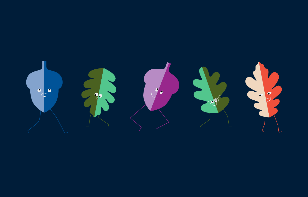 Five colourful Hockerhill acorn and leaf brand characters illustrated in various playful poses.