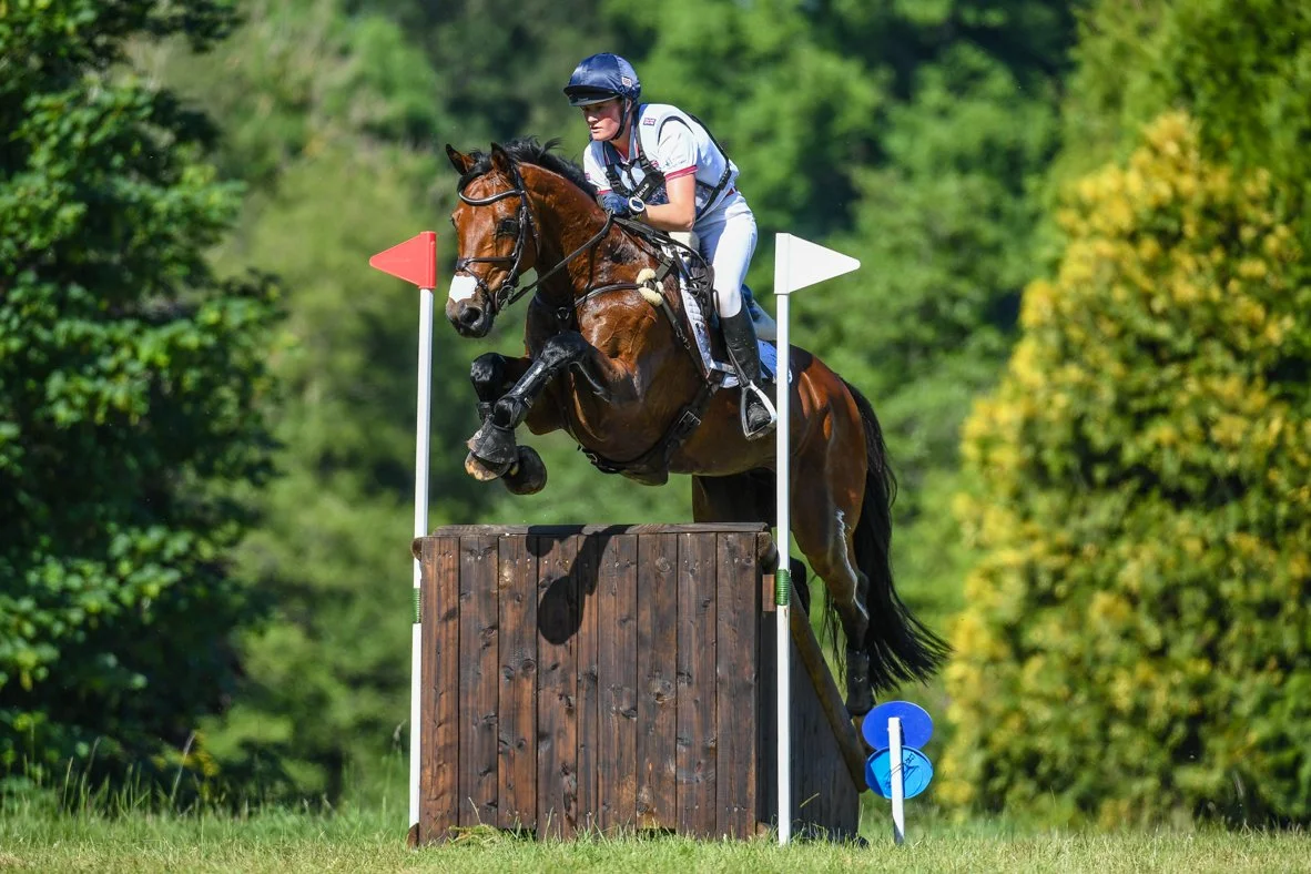 A bay horse and rider leaping over a block obstacle at an outdoor equestrian event.