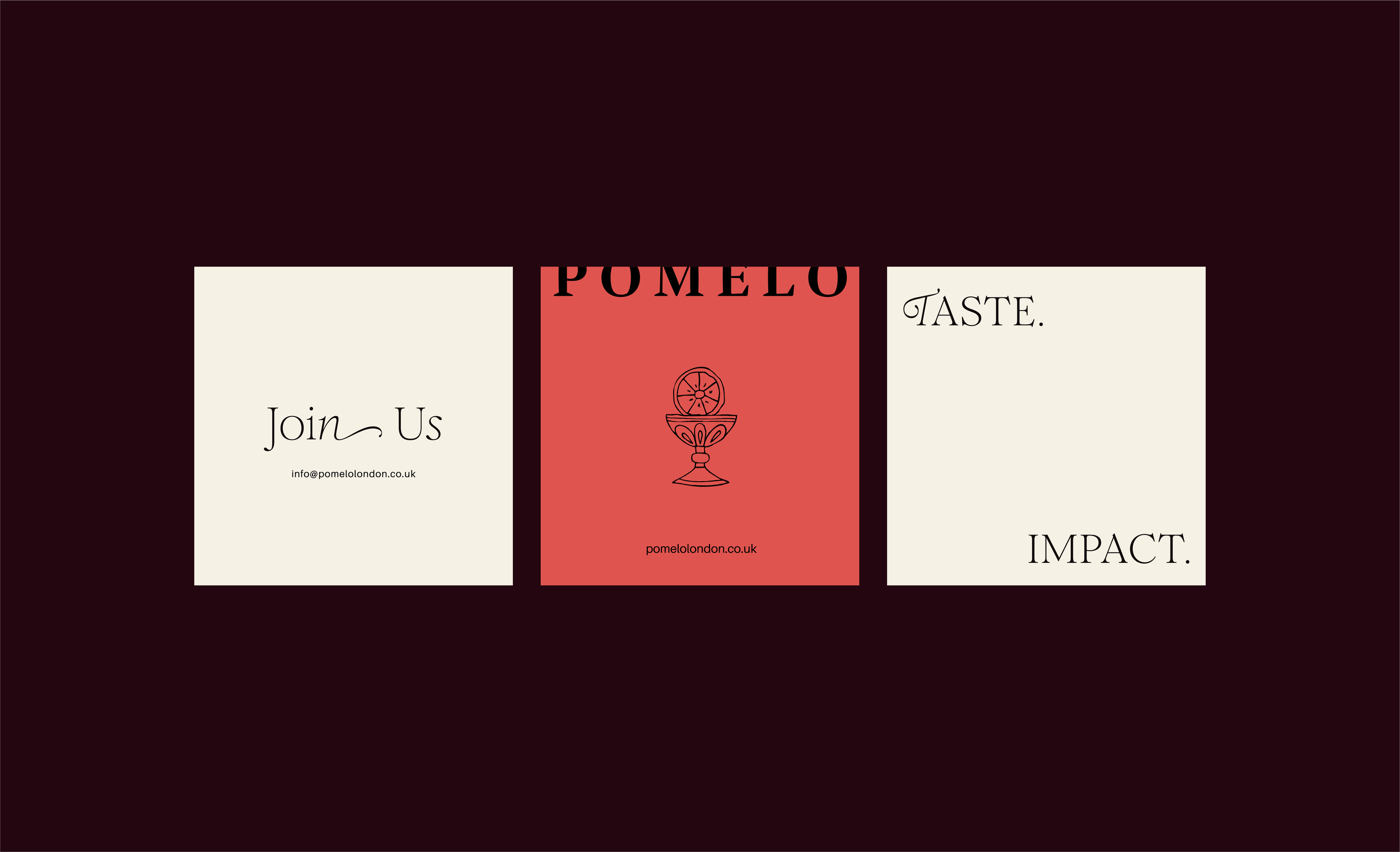 Three Pomelo social media posts displaying a rich colour palette, refined typography and custom illustration.