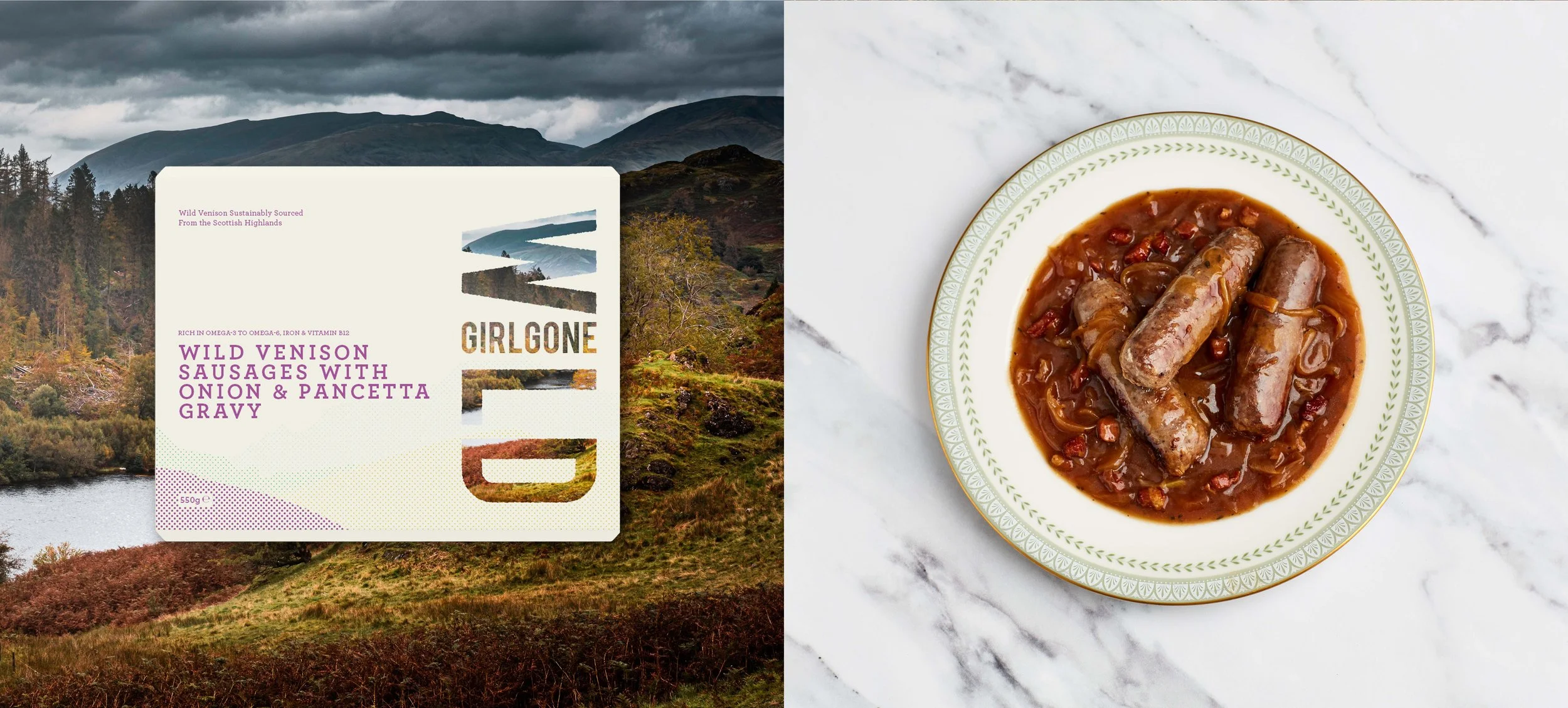 Gourmet wild venison sausages beside a brand packaging sleeve overlaid on a misty mountain landscape photograph.