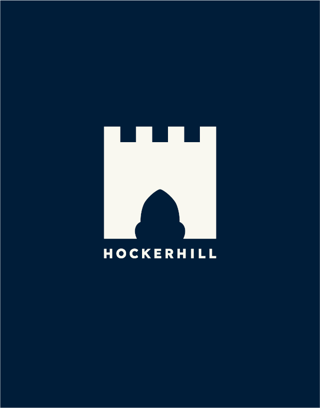 The minimalist white Hockerhill castle icon and typography wordmark lockup displayed on a navy backdrop.
