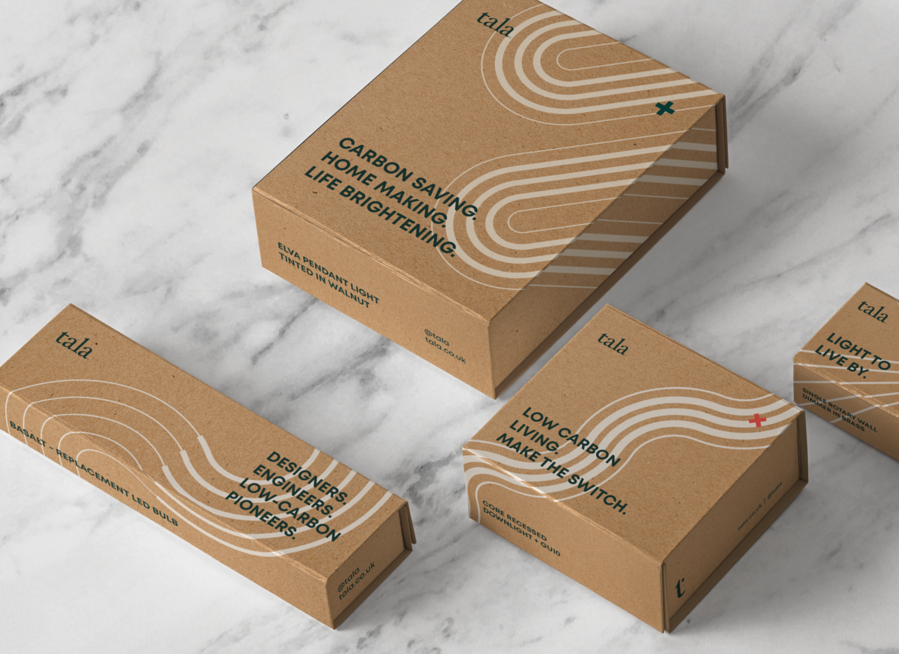 Three Tala branded packaging boxes featuring clean typography and dynamic line assets.