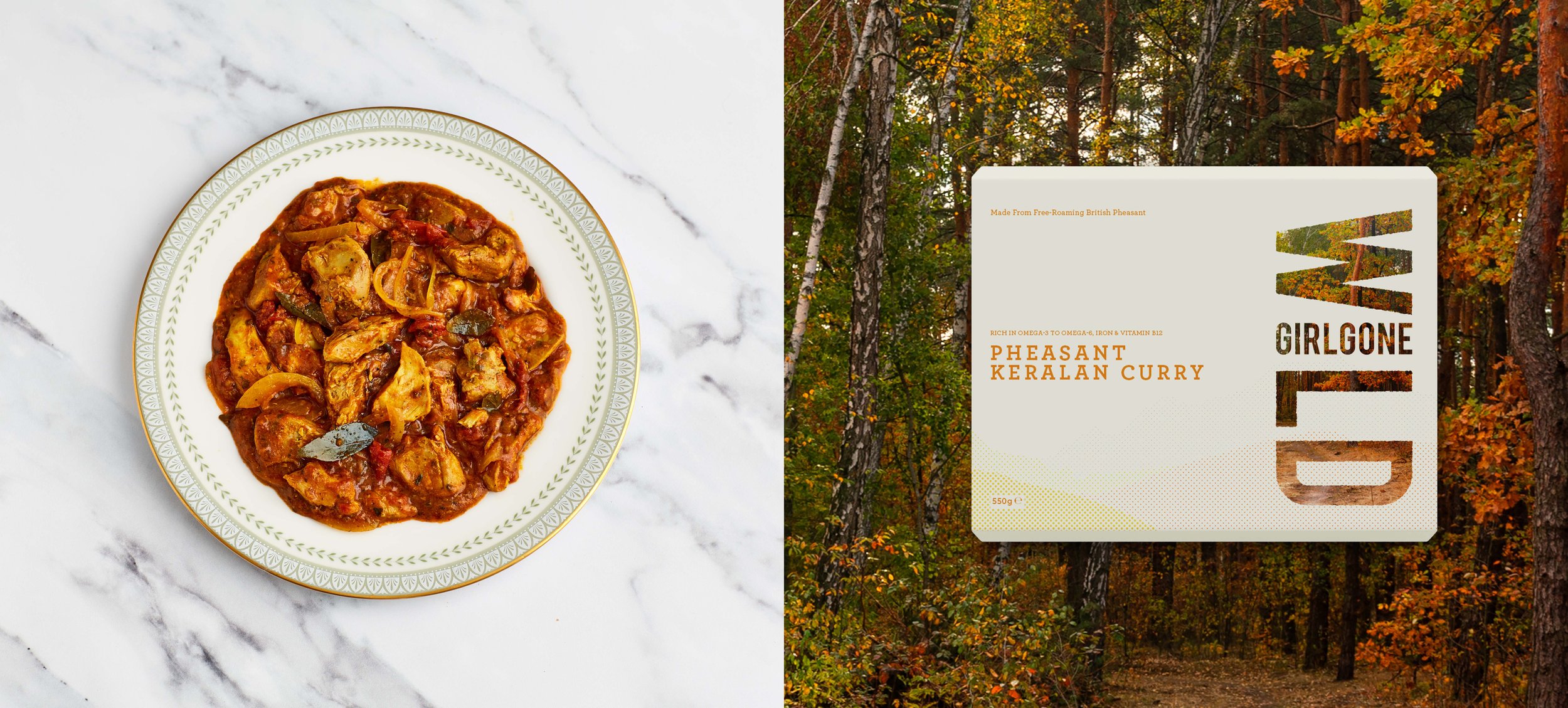 Wild pheasant Keralan curry beside a product packaging sleeve overlaid on a vibrant autumnal woodland photograph.