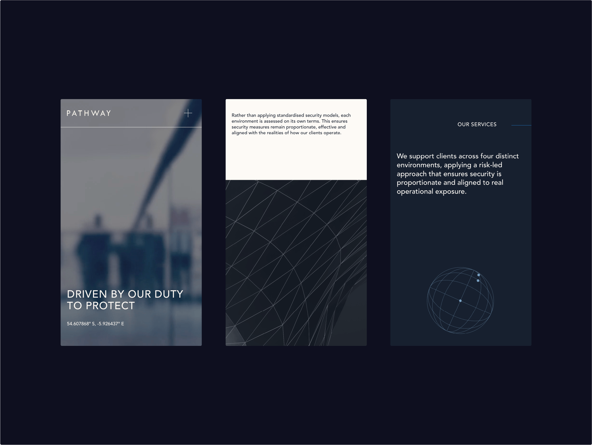 Pathway Risk Management social media posts featuring clean typography, dynamic globe graphics, and atmospheric imagery.