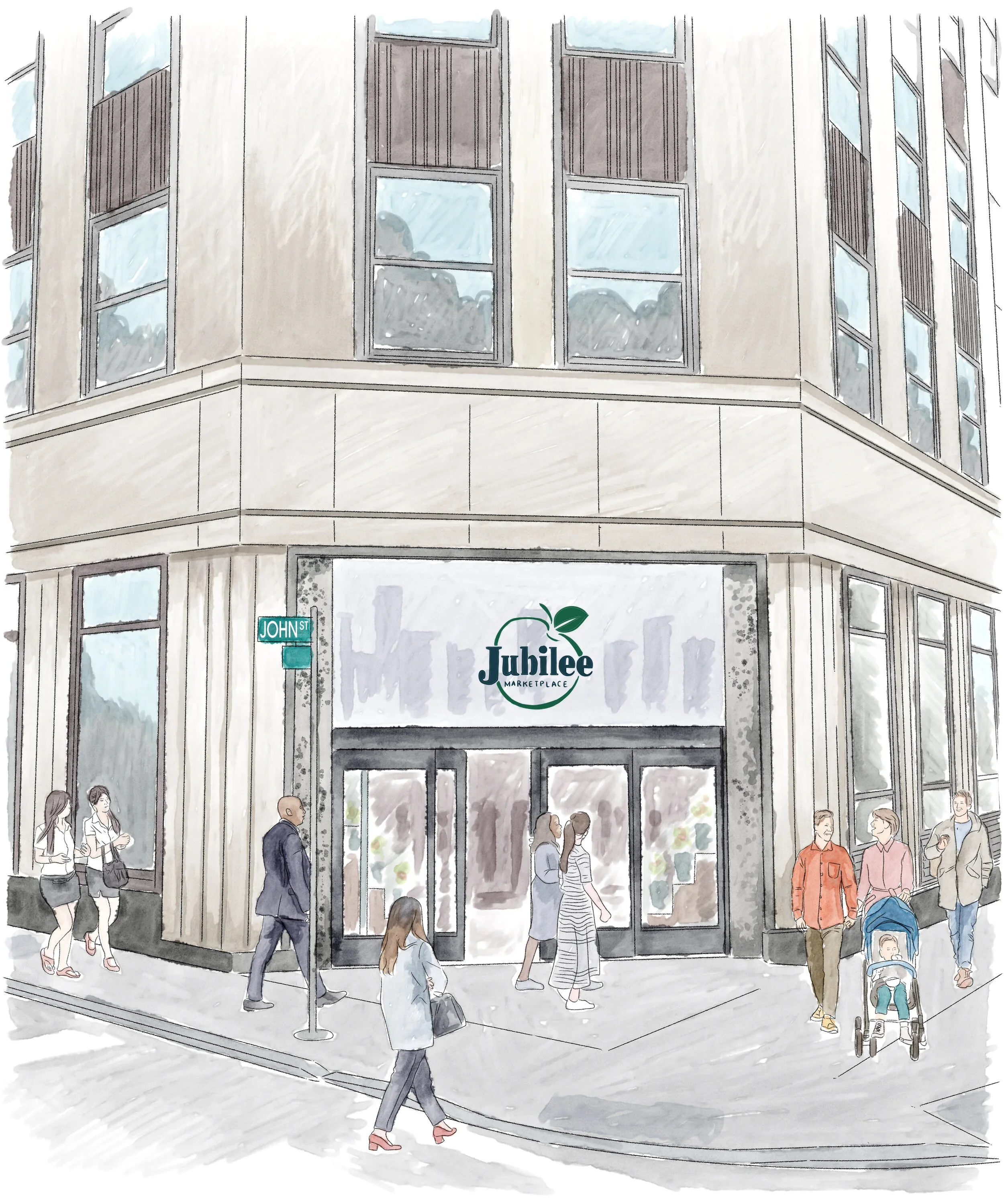 Illustration of a store entrance featuring the "Jubilee Marketplace" logo with a green leaf. The word "Jubilee" is defined above as "a special event or celebration."