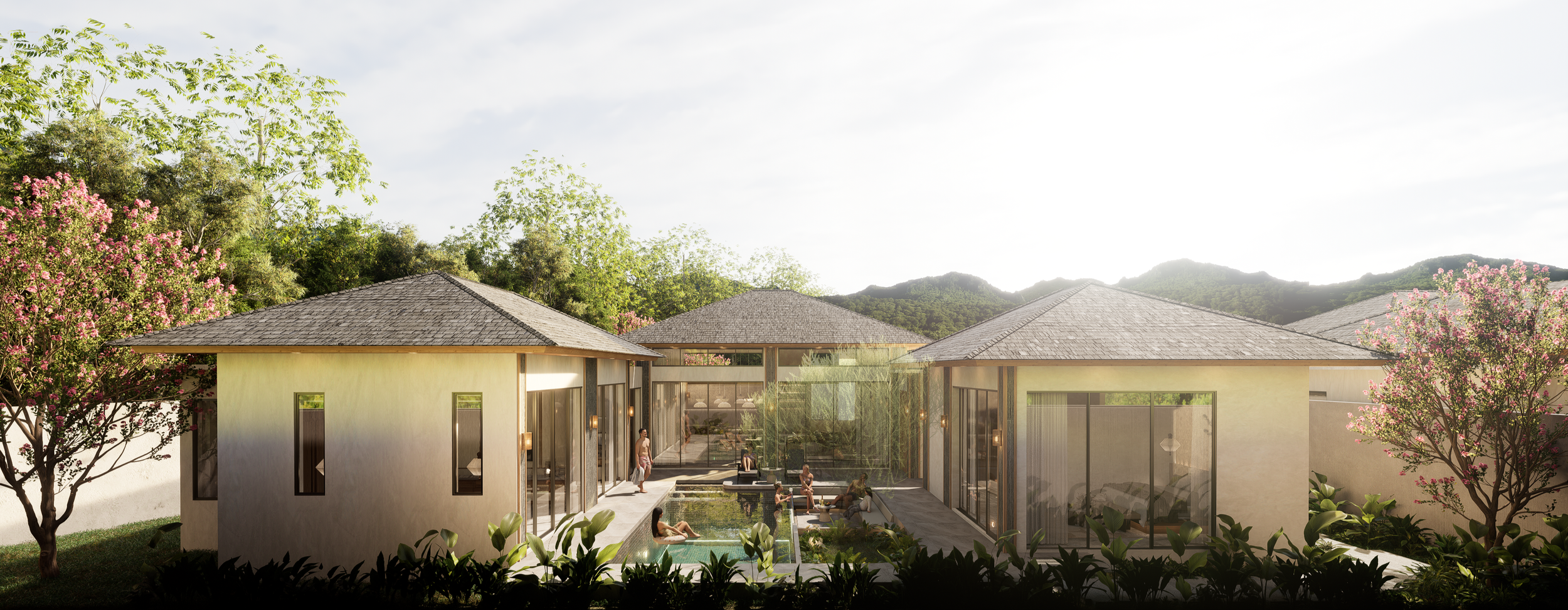 A modern house with large glass windows and a swimming pool in a lush, green yard with trees and mountains in the background.