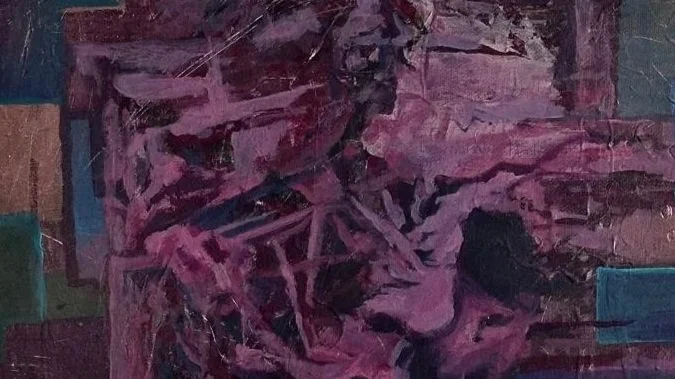 Abstract painting with dark purple, pink, and green brushstrokes.