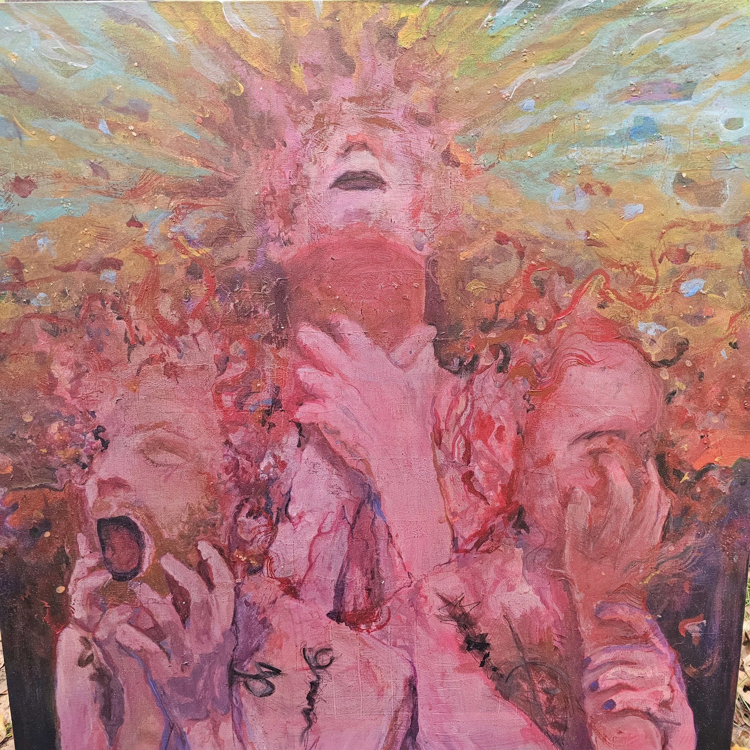Abstract painting featuring a central face with an open mouth, surrounded by colorful, chaotic brushstrokes in shades of pink, red, yellow, green, blue, and black.