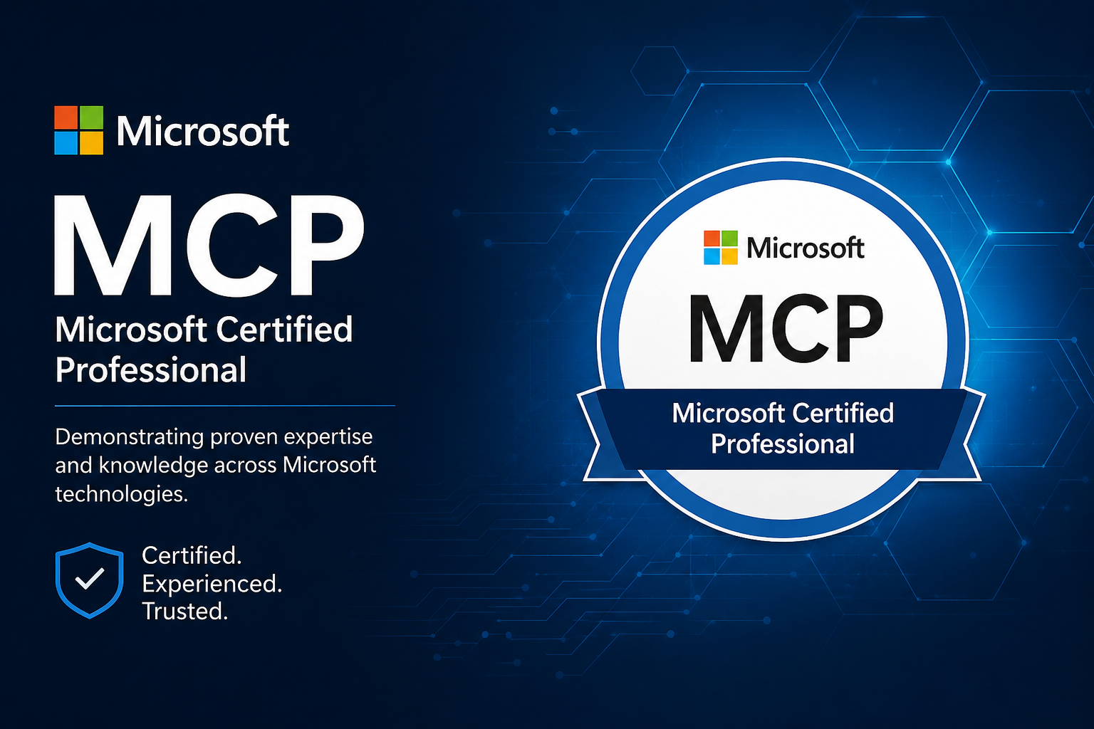 Microsoft MCP certification badge with the text Microsoft Certified Professional and a description of expertise in Microsoft technologies. The badge is blue with circuit-like graphics and includes the Microsoft logo.