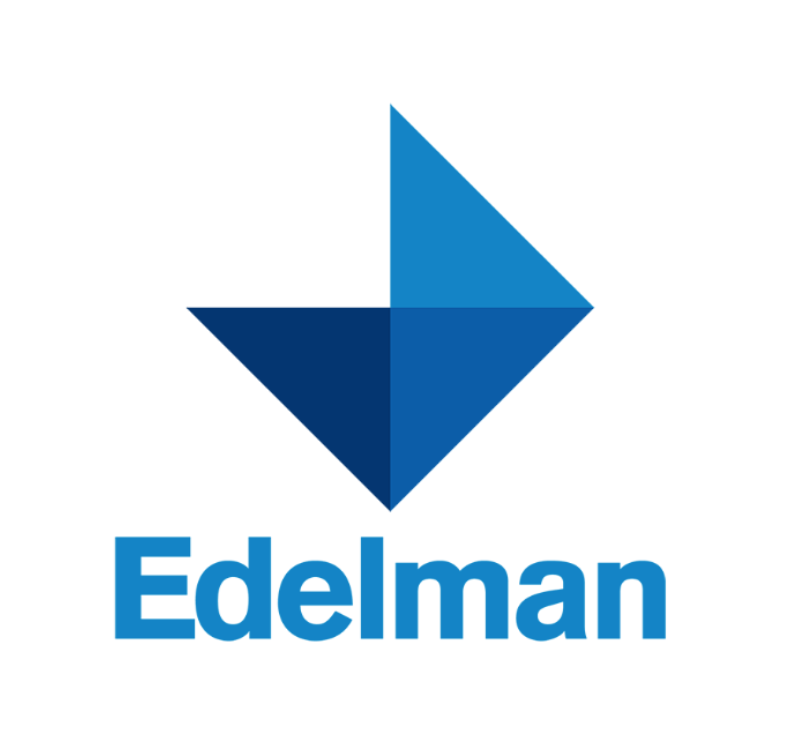 A logo with a geometric design of four blue triangles forming a diamond shape, and the word 'Edelman' in blue text below.